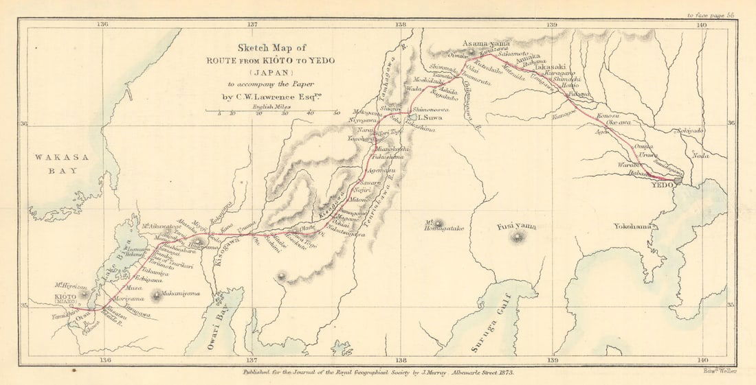 Route from Kioto to Yedo (Kyoto to Tokyo). C.W. Lawrence / RGS 1873 old map: Title: Route from Kioto to Yedo (Kyoto to Tokyo). C.W. Lawrence / RGS 1873 old map Description: Map of the Route from Kioto to Yedo, Japan to accompany the paper by C.W. Lawrence Esq.'. Royal