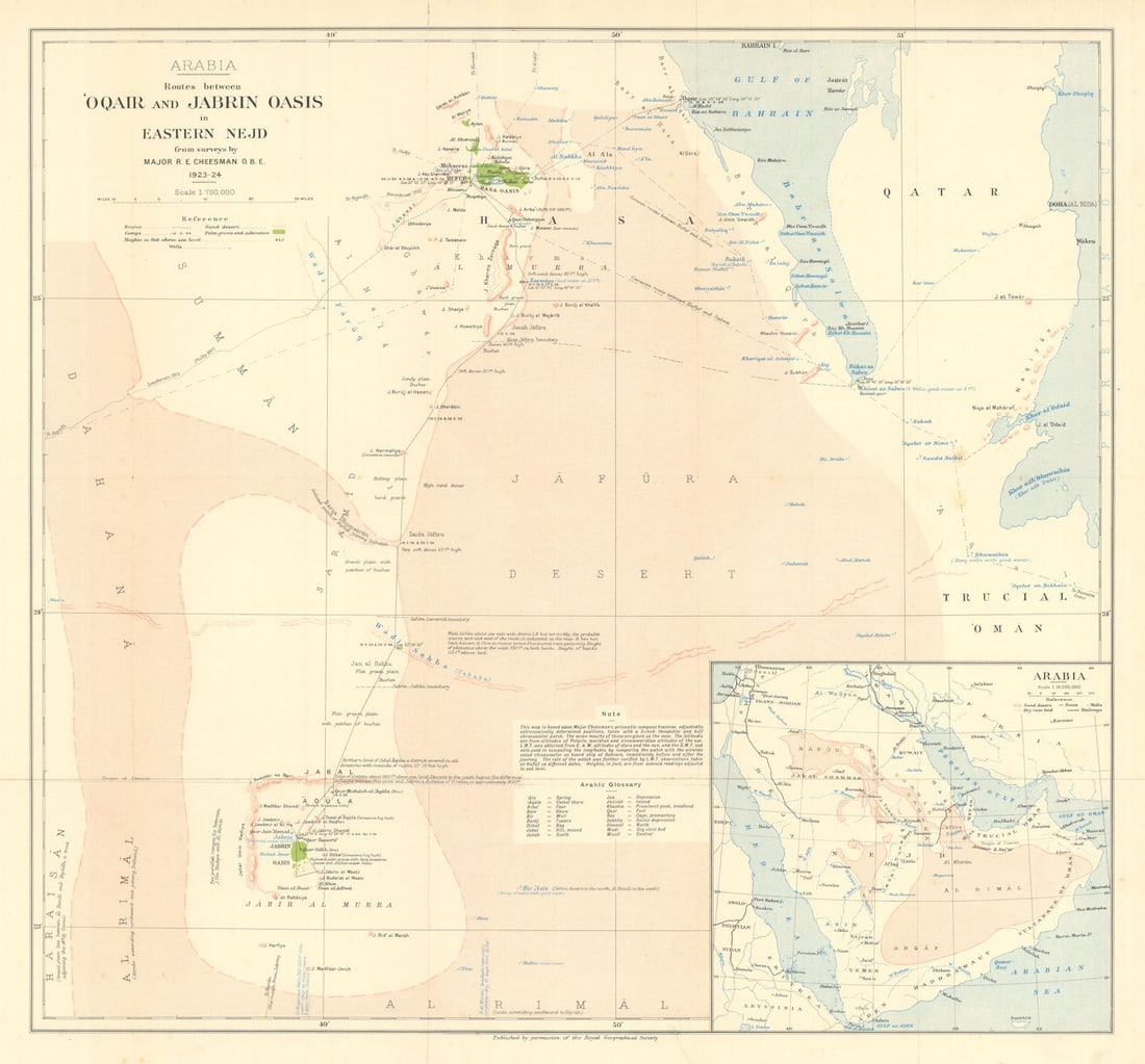 Arabia—Routes between 'Oqair & Jabrin Oasis—Eastern Nejd. Cheesman/RGS 1926 map: Title: Arabia—Routes between 'Oqair & Jabrin Oasis—Eastern Nejd. Cheesman/RGS 1926 map Description: Arabia—Routes between 'Oqair and Jabrin Oasis in Eastern Nejd'. A large map of