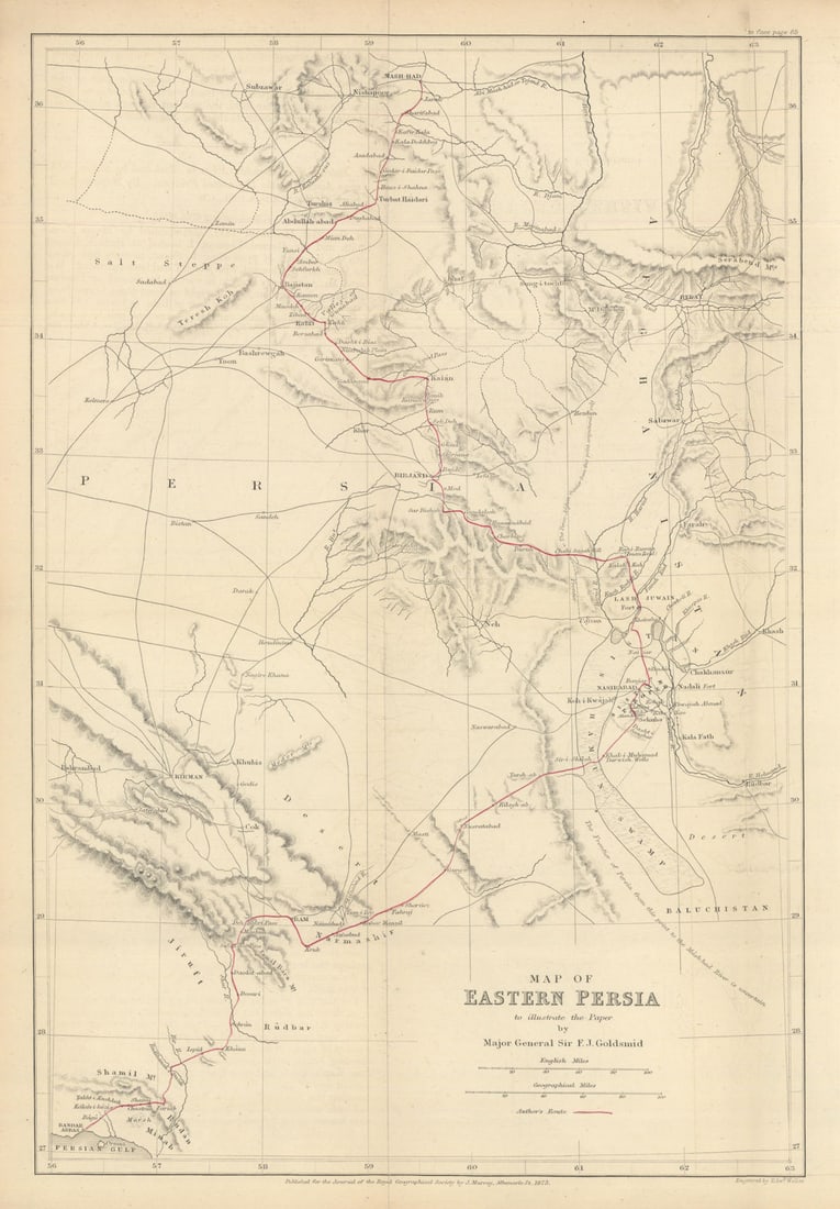 Map of Eastern Persia by Major General Sir Frederic John Goldsmid. RGS 1873: Title: Map of Eastern Persia by Major General Sir Frederic John Goldsmid. RGS 1873 Description: Map of Eastern Persia to Illustrate the Paper by Major General Sir F. J. Goldsmid'. Royal Geographical