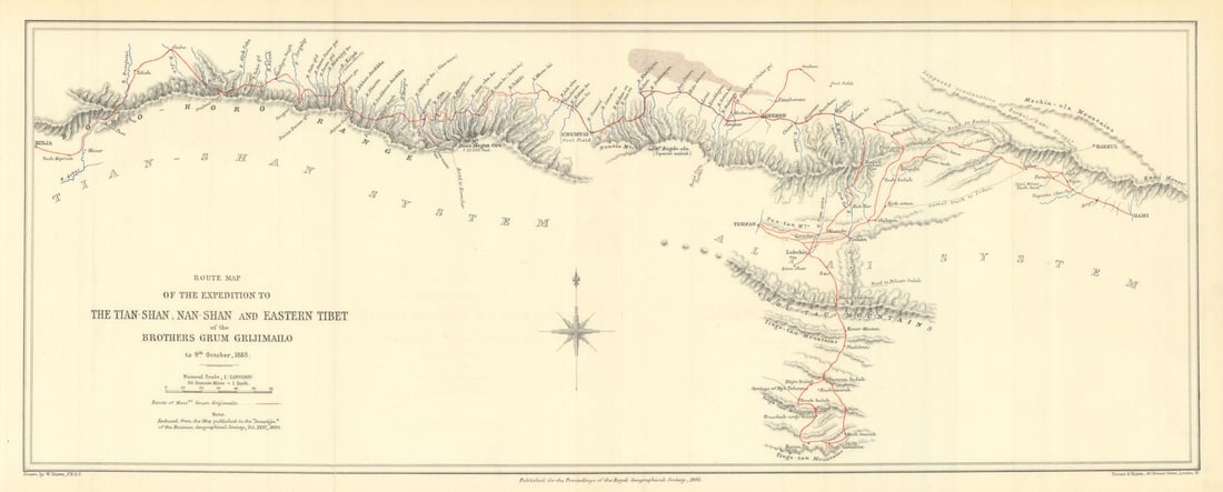 Tian-Shan, Nan-Shan & Eastern Tibet Grum-Grshimailo 1889 expedition RGS 1891 map: Title: Tian-Shan, Nan-Shan & Eastern Tibet Grum-Grshimailo 1889 expedition RGS 1891 map Description: Route Map of the Expedition to the Tian-Shan, Nan-Shan and Eastern Tibet of the Brothers Grum