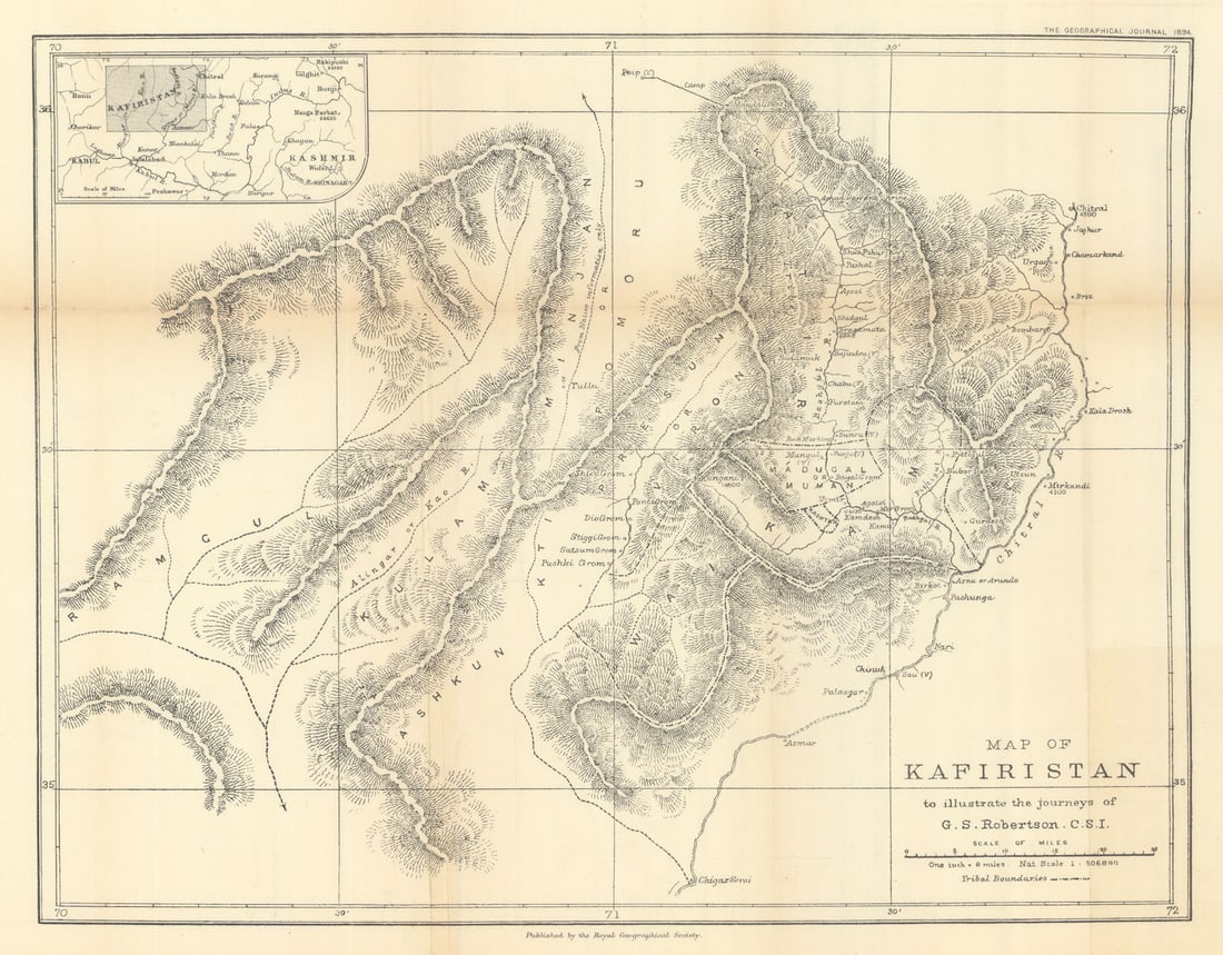 Map of Kafiristan to illustrate George Scott Robertson's journeys. RGS 1894: Title: Map of Kafiristan to illustrate George Scott Robertson's journeys. RGS 1894 Description: Map of Kafiristan to illustrate the Journeys of G. S. Robertson, C.S.I.'. Royal Geographical Society / G