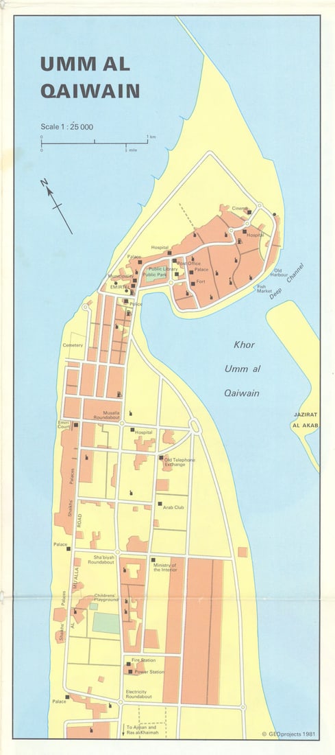 Vintage Umm Al Quwain town city plan, United Arab Emirates GEOprojects 1981 map: Title: Vintage Umm Al Quwain town city plan, United Arab Emirates GEOprojects 1981 map Description: Umm Al Qaiwain' by GEOprojects. Published 1981. Vintage colour city plan. Size 29 x 12 cm | 11.0 x 4