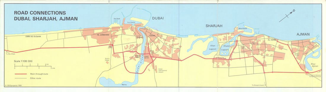 Vintage Road Connections Dubai, Sharjah, Ajman map. UAE. GEOprojects 1981: Title: Vintage Road Connections Dubai, Sharjah, Ajman map. UAE. GEOprojects 1981 Description: Road Connections Dubai, Sharjah, Ajman' by GEOprojects. Published 1981. Vintage colour city plan. Size 11