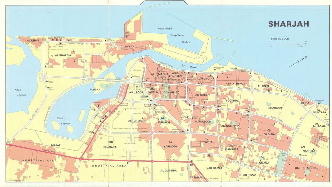 Vintage Sharjah town city plan, United Arab Emirates. UAE. GEOprojects 1981 map: Title: Vintage Sharjah town city plan, United Arab Emirates. UAE. GEOprojects 1981 map Description: Sharjah' by GEOprojects. Published 1981. Vintage colour city plan. Size 22 x 39 cm | 8.5 x 15.0 inch