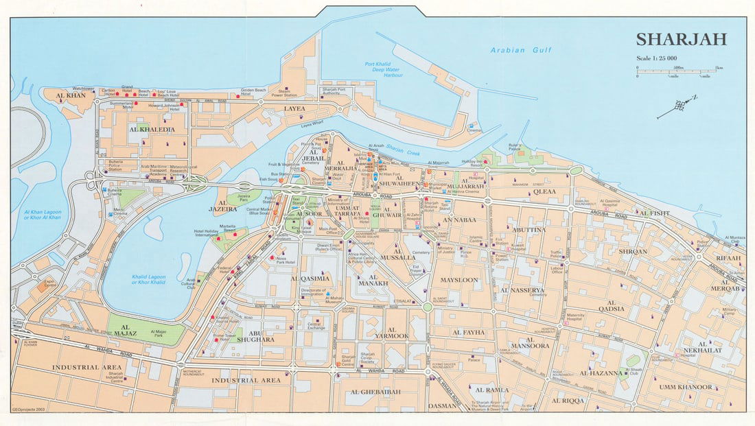 Vintage Sharjah town city plan, United Arab Emirates. UAE. GEOprojects 2003 map: Title: Vintage Sharjah town city plan, United Arab Emirates. UAE. GEOprojects 2003 map Description: Sharjah' by GEOprojects. Published 2003. Vintage colour city plan. Size 22 x 39 cm | 8.5 x 15.0 inch