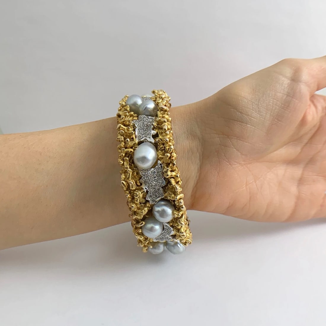 Vintage Silver Baroque Pearl Diamond Bangle Bracelet 14K Yellow Gold, 173 Grams - 8