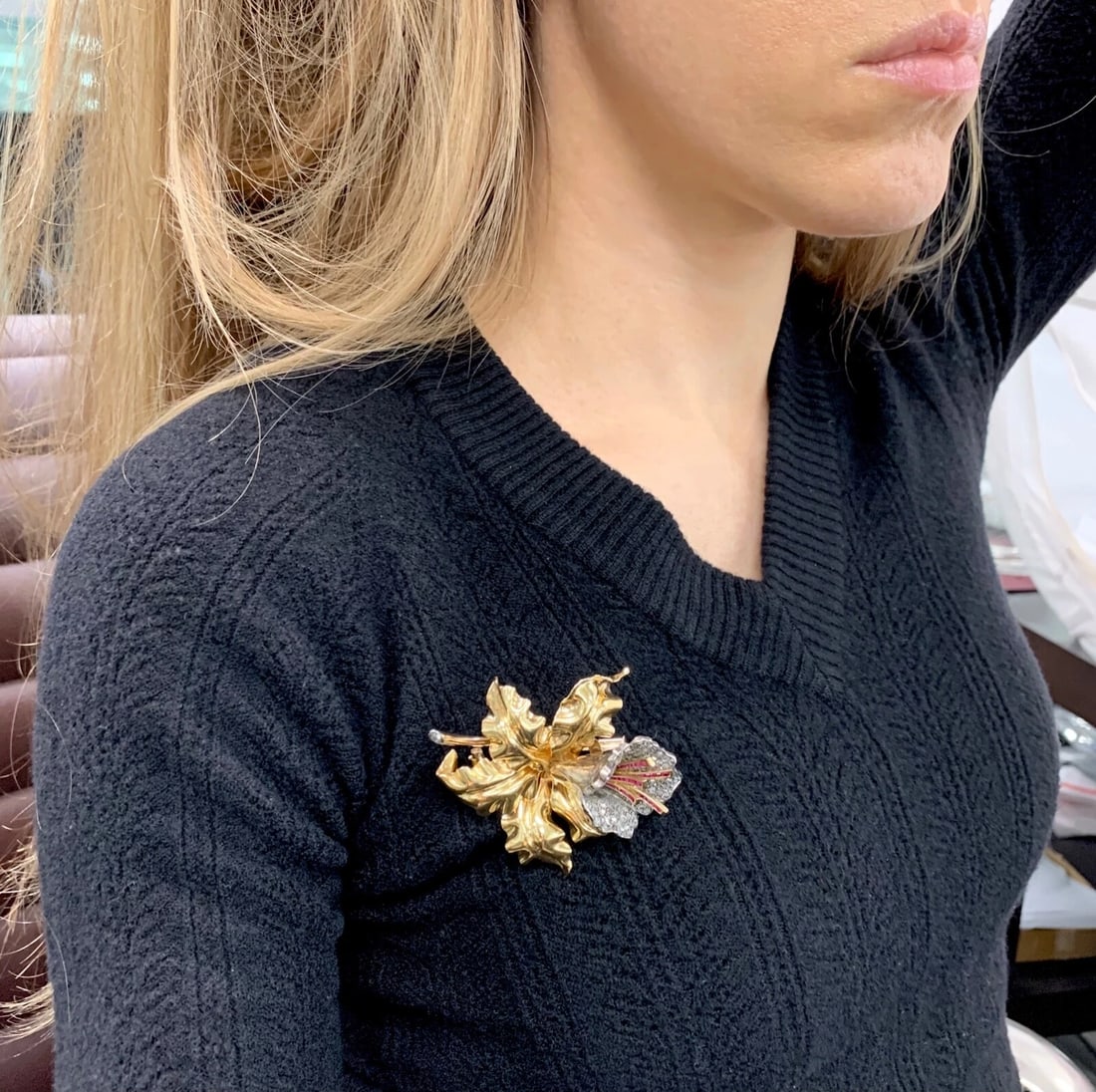 Antique Art Nouveau Diamond Ruby Flower Brooch Pin 18K Yellow Gold, 38.16 Gr - 5