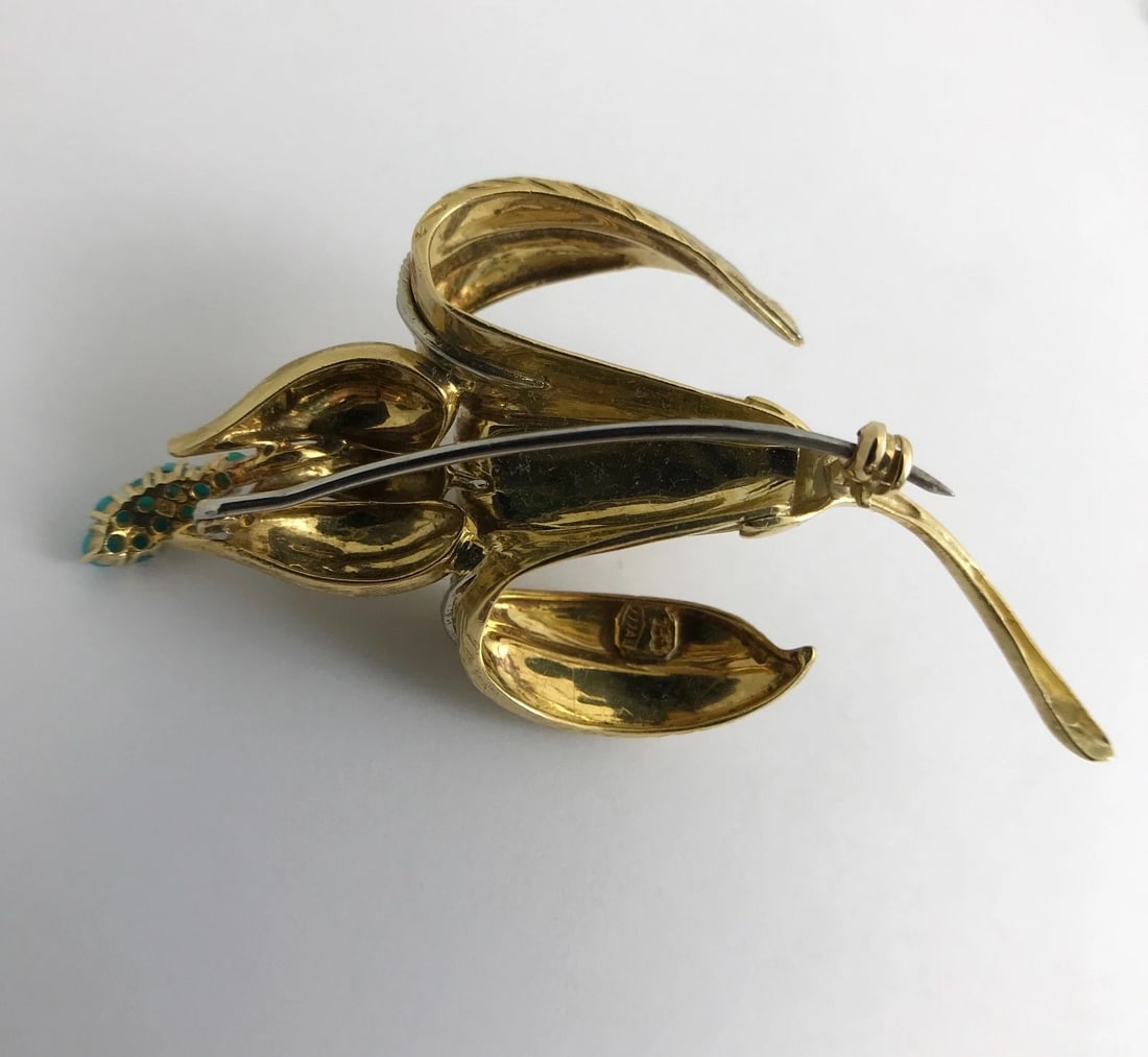 Vintage 1950's Turquoise Flower Brooch Pin in 18K Yellow Gold, 19 Grams - 12