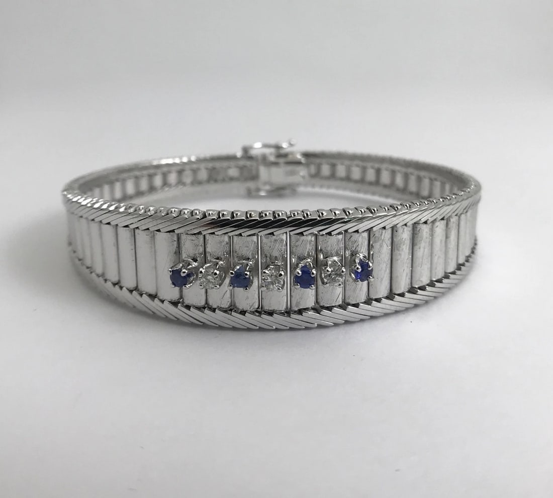 Vintage Blue Sapphire Diamond Wide Flex Bracelet 14K White Gold, 32.22 Grams - 8