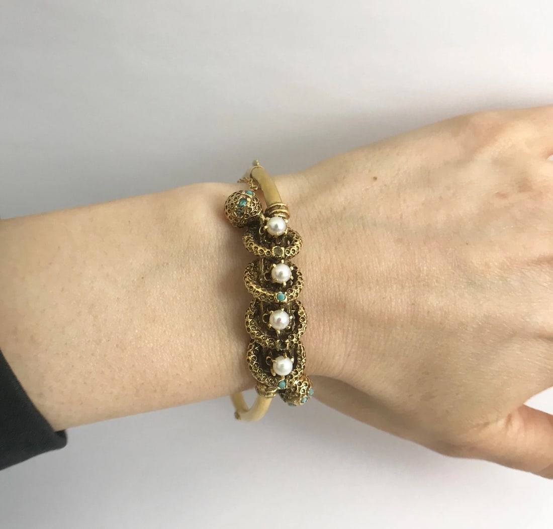 Victorian Revival Pearl Turquoise Bangle Bracelet 14K Yellow Gold, 20.39 Gr - 4