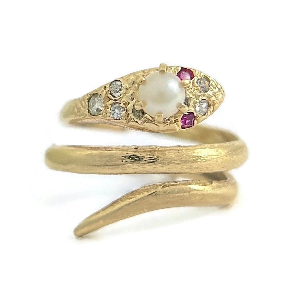 Antique Art Nouveau Snake Pearl Diamond Cocktail Ring 14K Yellow Gold, 7.01 Gr - 2