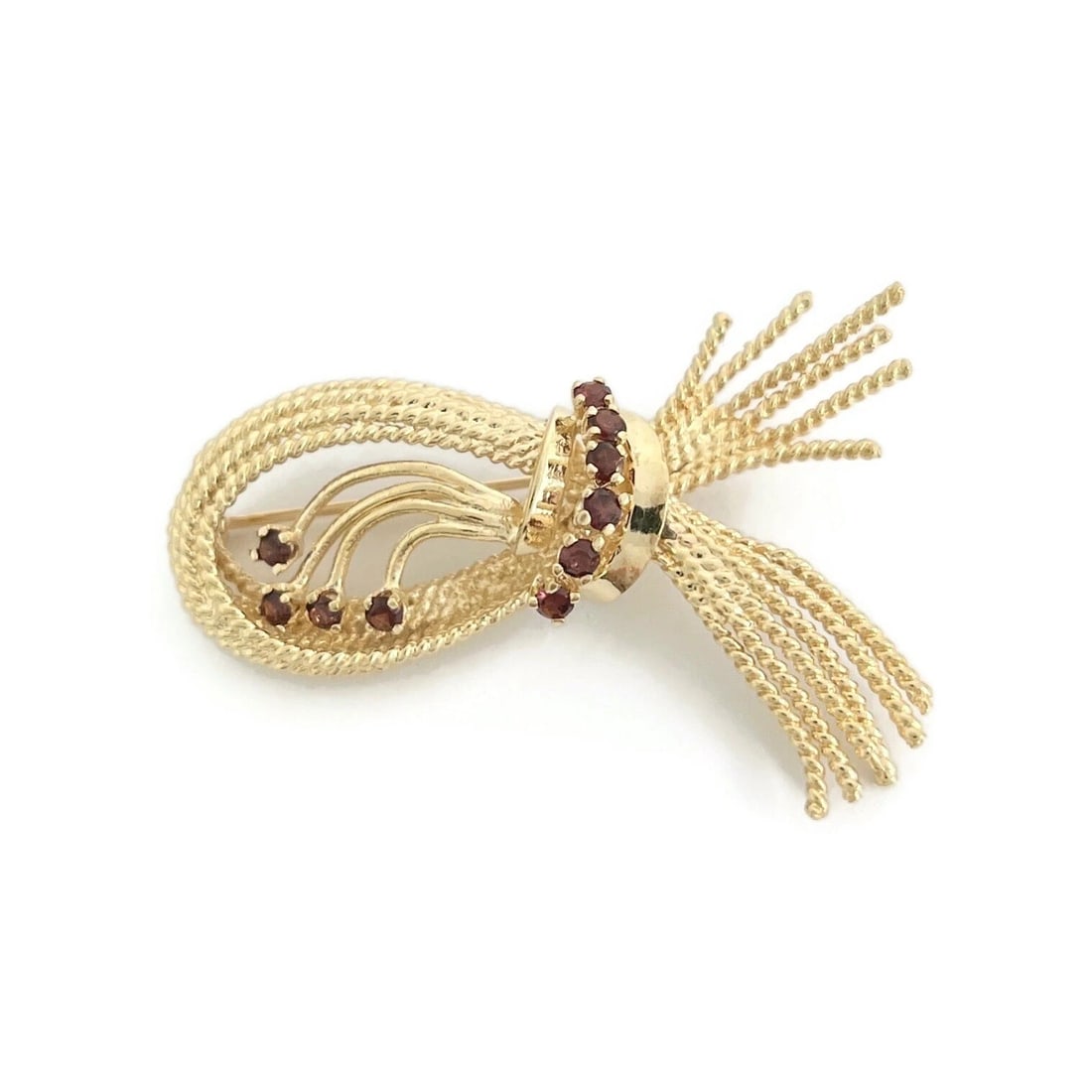 Vintage 1950's Rhodolite Garnet Ribbon Brooch Pin 12K Yellow Gold, 8.97 Grams: Vintage 1950's Rhodolite Garnet Ribbon Brooch Pin 12K Yellow Gold, 8.97 Grams This is a gorgeous one-of-a-kind brooch. Please let us know if you have any questions. Circa: 1950's Gemstones: 10 round