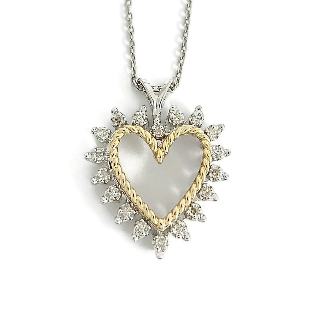 Vintage Two-Tone Diamond Heart Pendant Necklace 14K White Gold, 5.60 Grams - 2