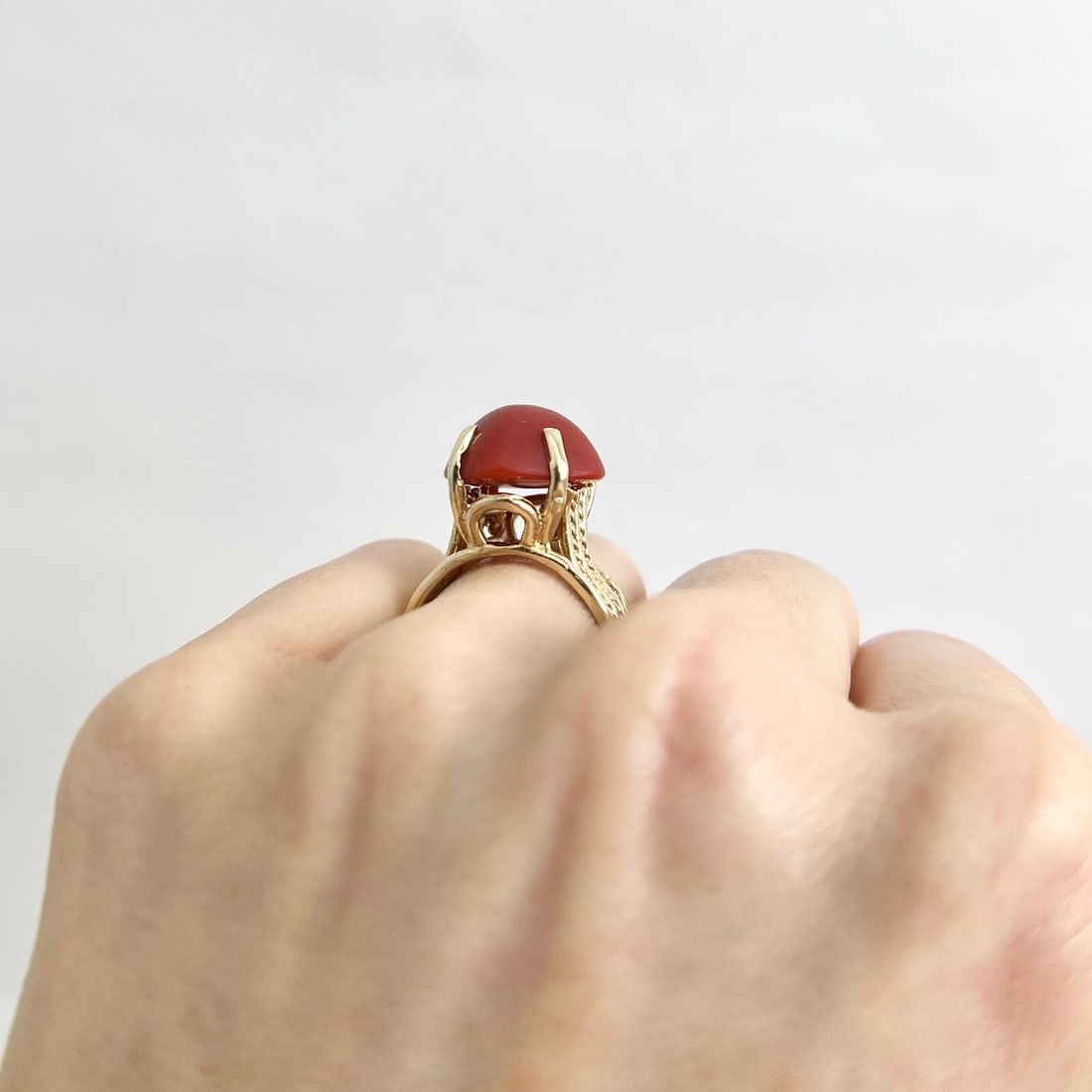 Vintage 1960's Cabochon Red Coral Cocktail Ring 12K Yellow Gold, 7.93 Gr - 6