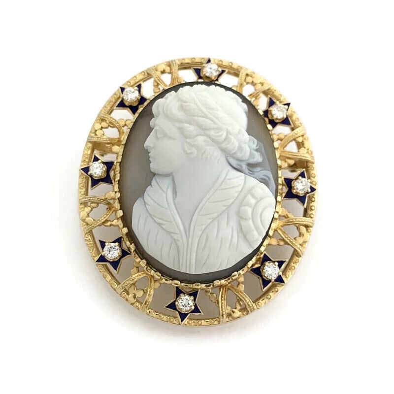Vintage 1950's Cameo Diamond Blue Enamel Star Brooch Pin 12K Yellow Gold 28.84 G - 2