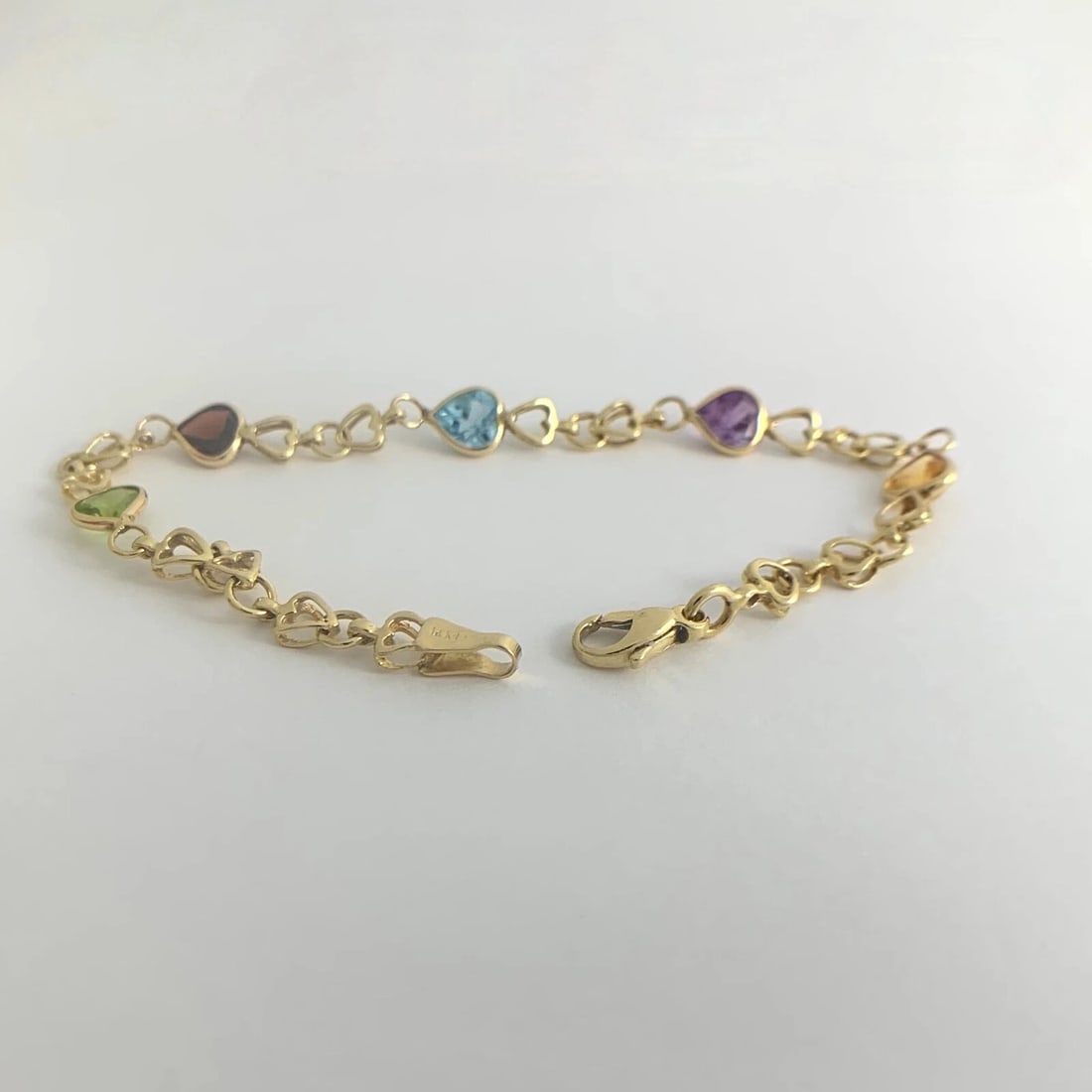 Vintage Multicolored Gemstone Heart Bracelet 14K Yellow Gold, 4.69 Grams - 7
