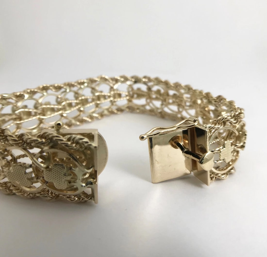 Vintage 1950's Wide Clover Rope Chain Bracelet 14K Yellow Gold, 37.14 Grams - 12