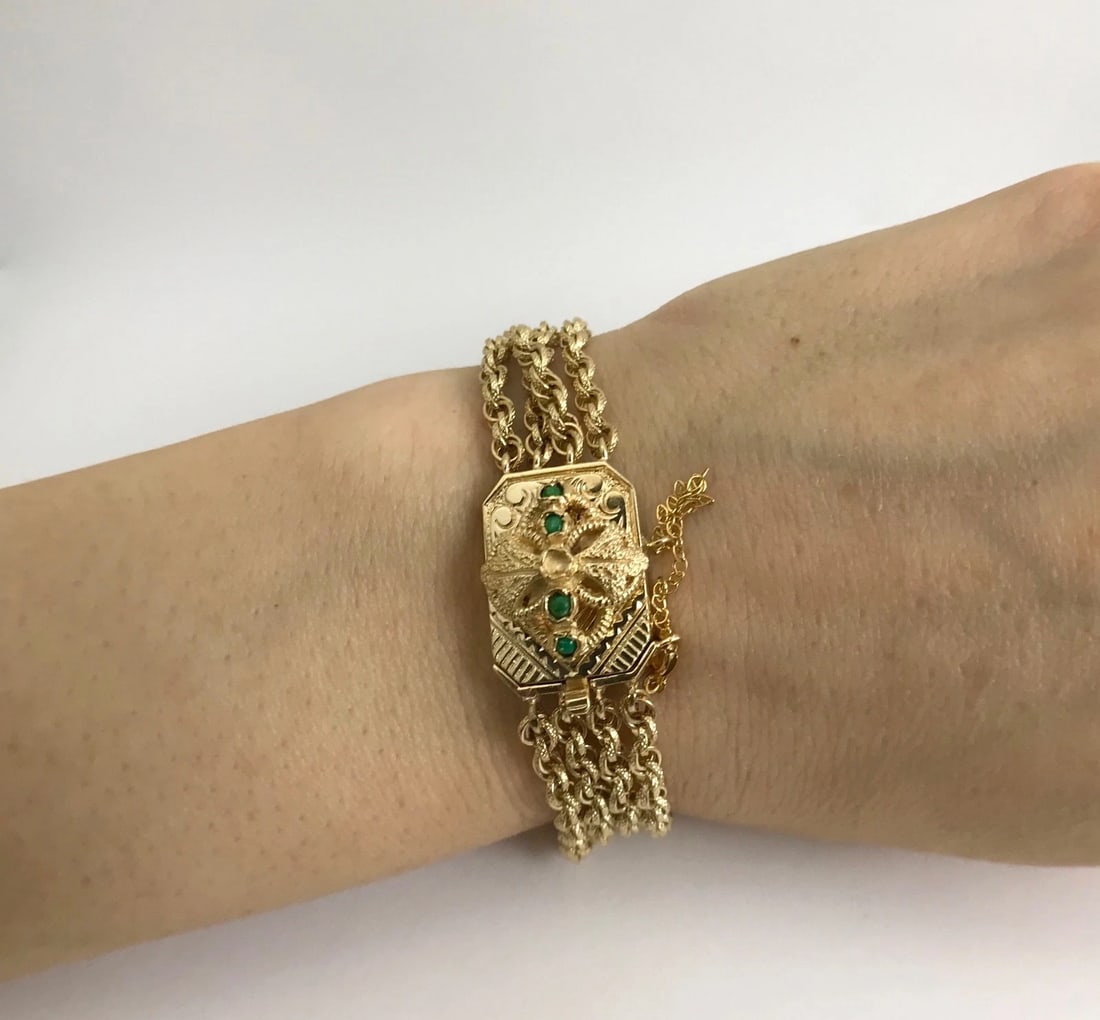 Vintage 1940's Jade Pendant Multi-Strand Chain Bracelet 14K Yellow Gold 23.96 Gr - 6