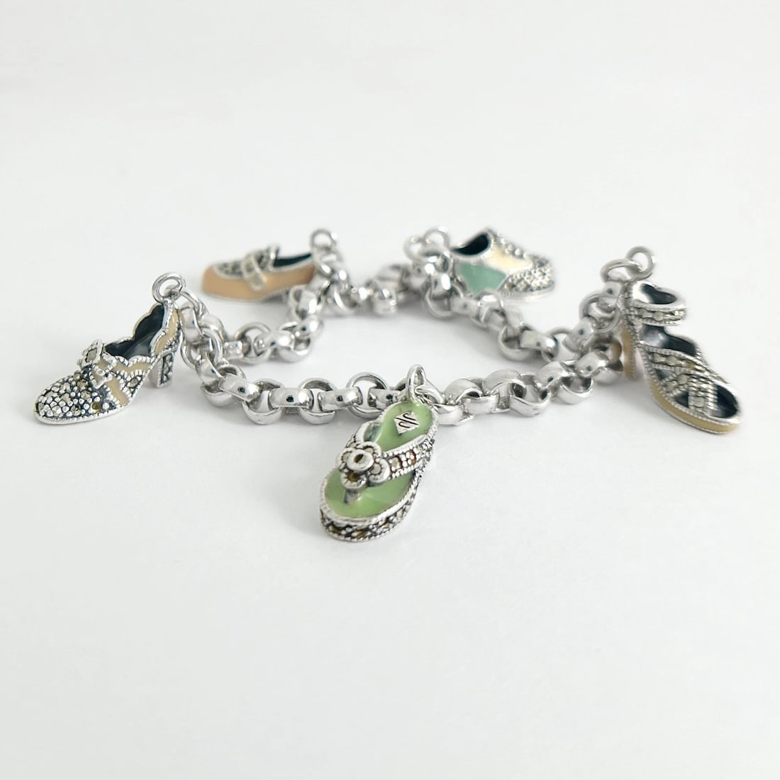 Vintage Judith Jack Enamel Shoe Charm Bracelet Sterling Silver, 27.47 Grams - 3