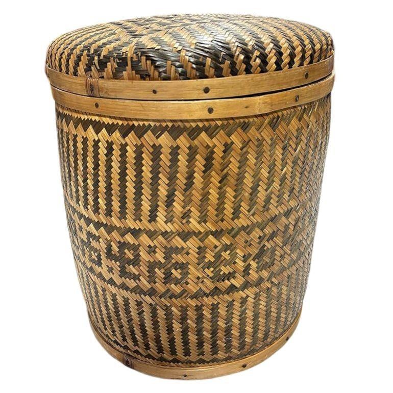 Tall Traditional Thai Hand Woven Wicker Rice Storage Basket w/ Lid - 15