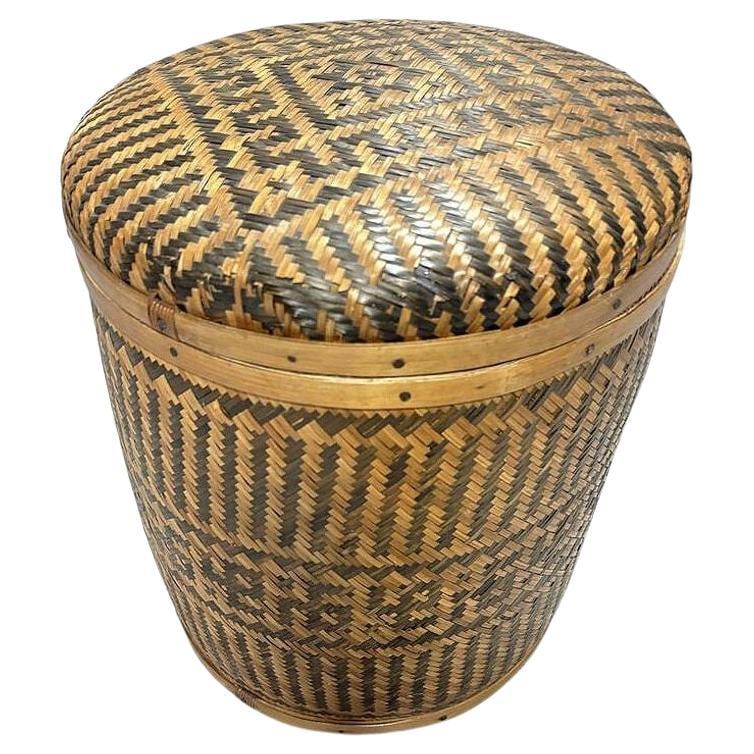 Tall Traditional Thai Hand Woven Wicker Rice Storage Basket w/ Lid - 7