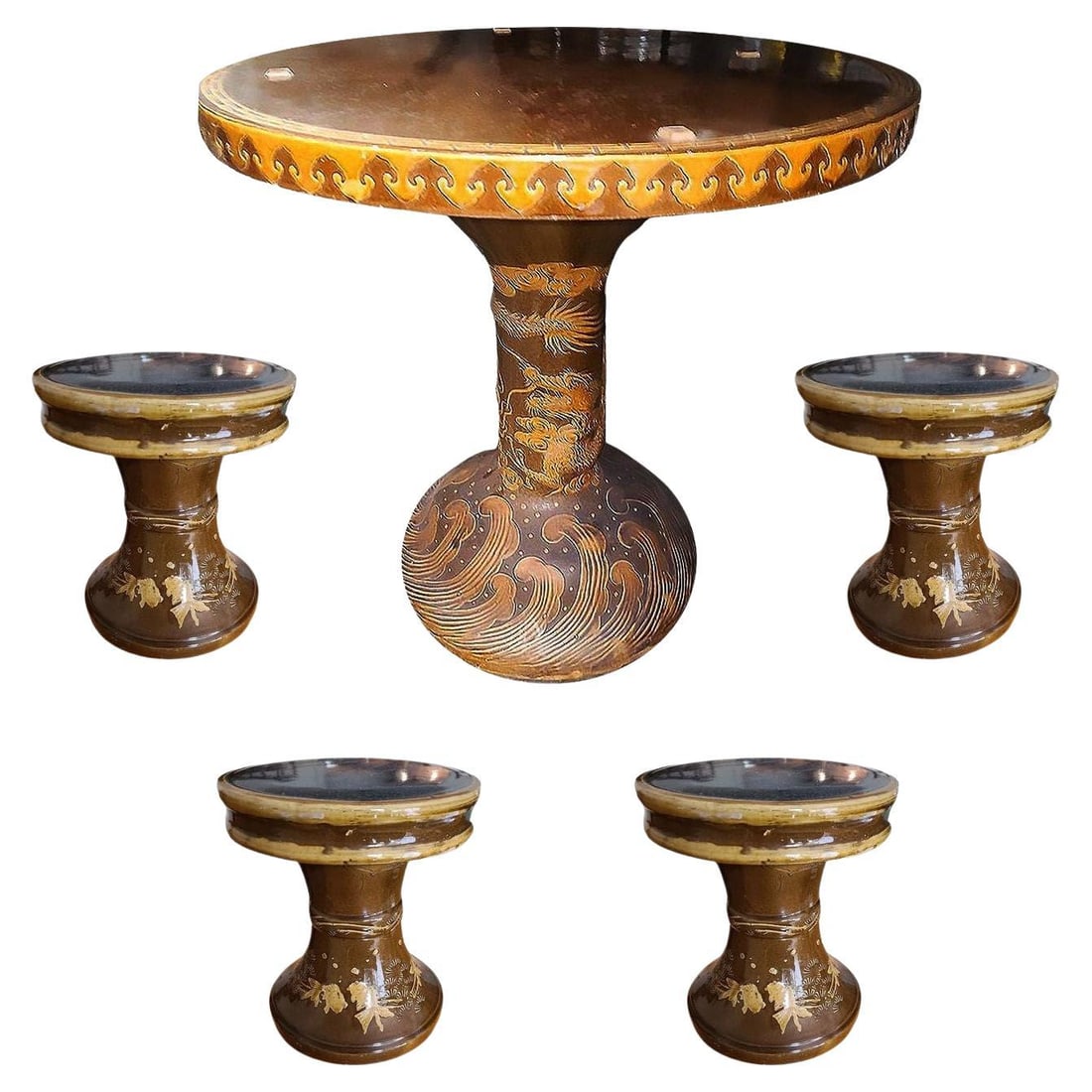Chinese Dragon Ceramic Glazed Pedestal Table W/ 4 Ceramic Garden Stools: Title: Chinese Dragon Ceramic Glazed Pedestal Table W/ 4 Ceramic Garden Stools Description: Original set of glazed art pottery garden furniture set featuring a pedestal dining table with a relief of c