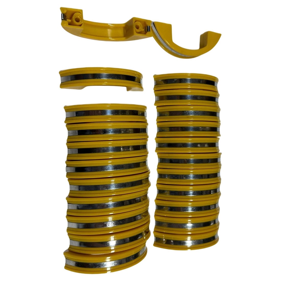 Yellow Phonic Resin Drawer/Door Pull with Aluminum Accent, Set of 23: Title: Yellow Phonic Resin Drawer/Door Pull with Aluminum Accent, Set of 23 Description: Post-war early yellow phonic resin based plastic pull used for drawers and cabinet doors with a polished