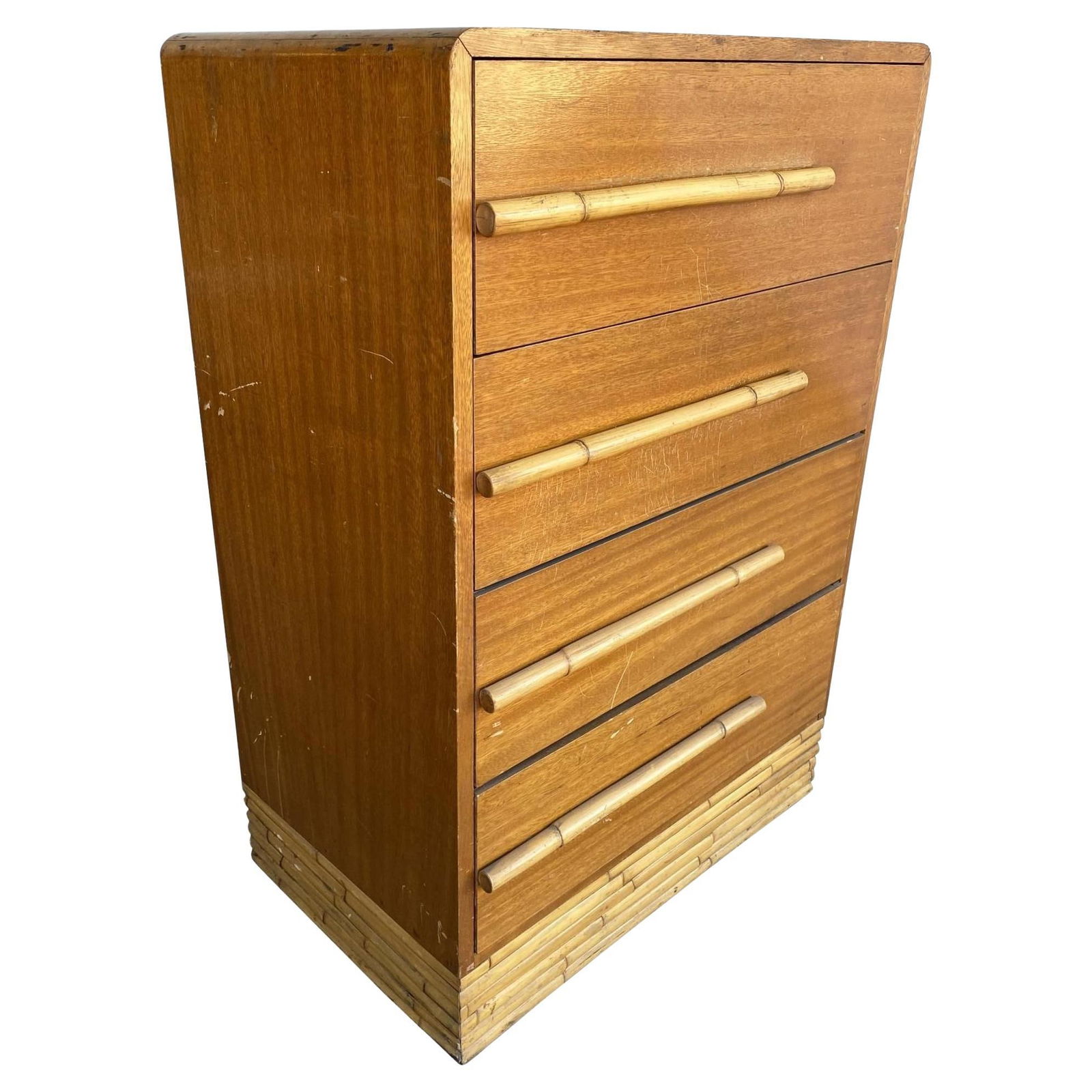Restored Mid-century Waterfall Highboy Mahogany Dresser W/ Stacked Rattan Base - 15