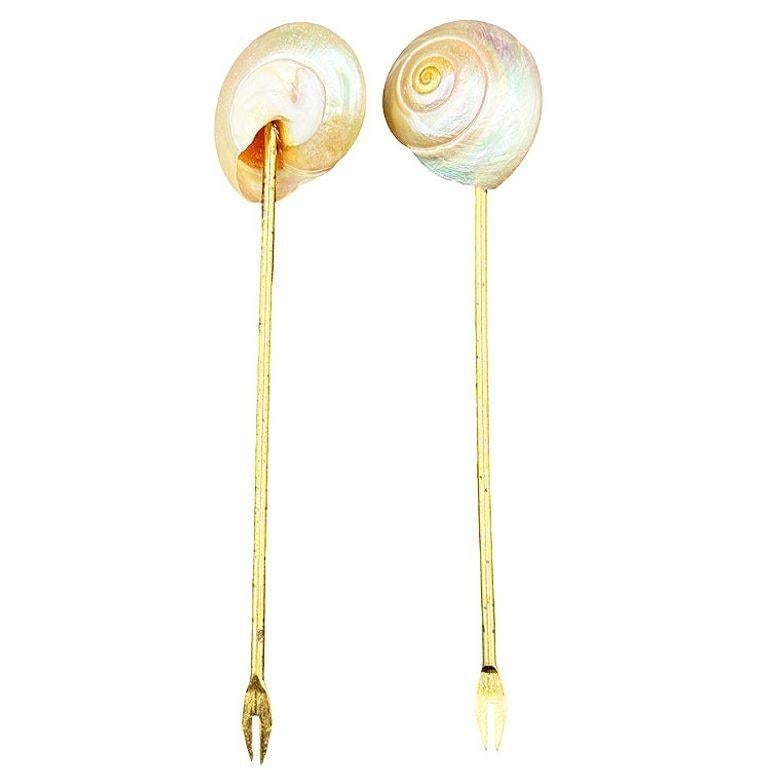 Set of Six Vintage Mother of Pearl Shell and Gold Appetizer Fondue Forks - 11