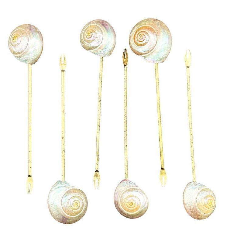 Set of Six Vintage Mother of Pearl Shell and Gold Appetizer Fondue Forks - 8