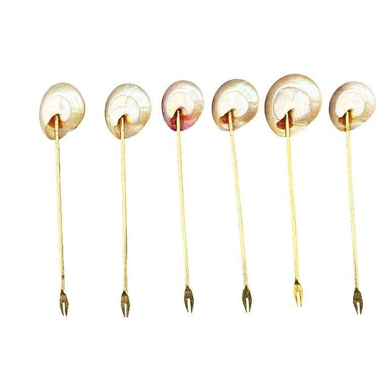 Set of Six Vintage Mother of Pearl Shell and Gold Appetizer Fondue Forks - 9