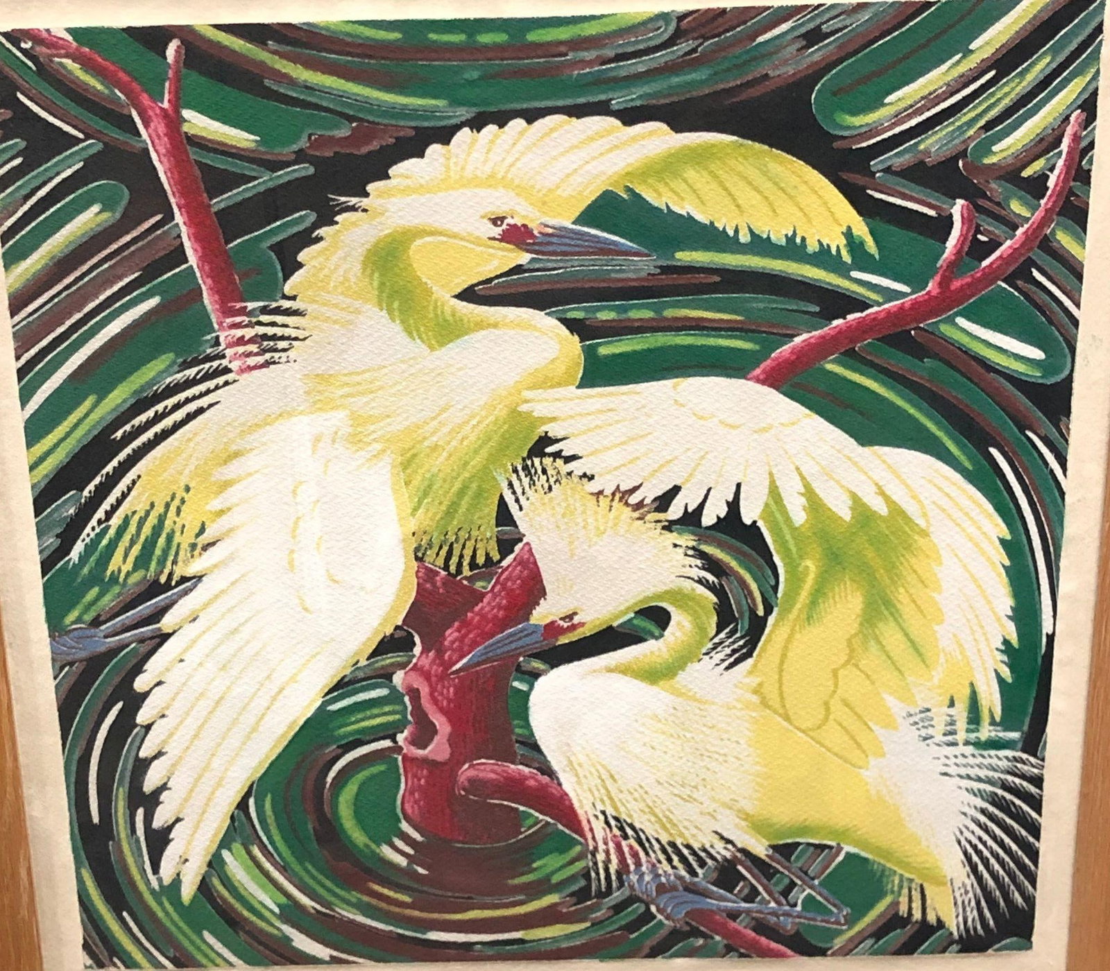 Restored Vintage 1949 Rattan Framed Crane Barkcloth Fabric Sample by Spectrum - 8