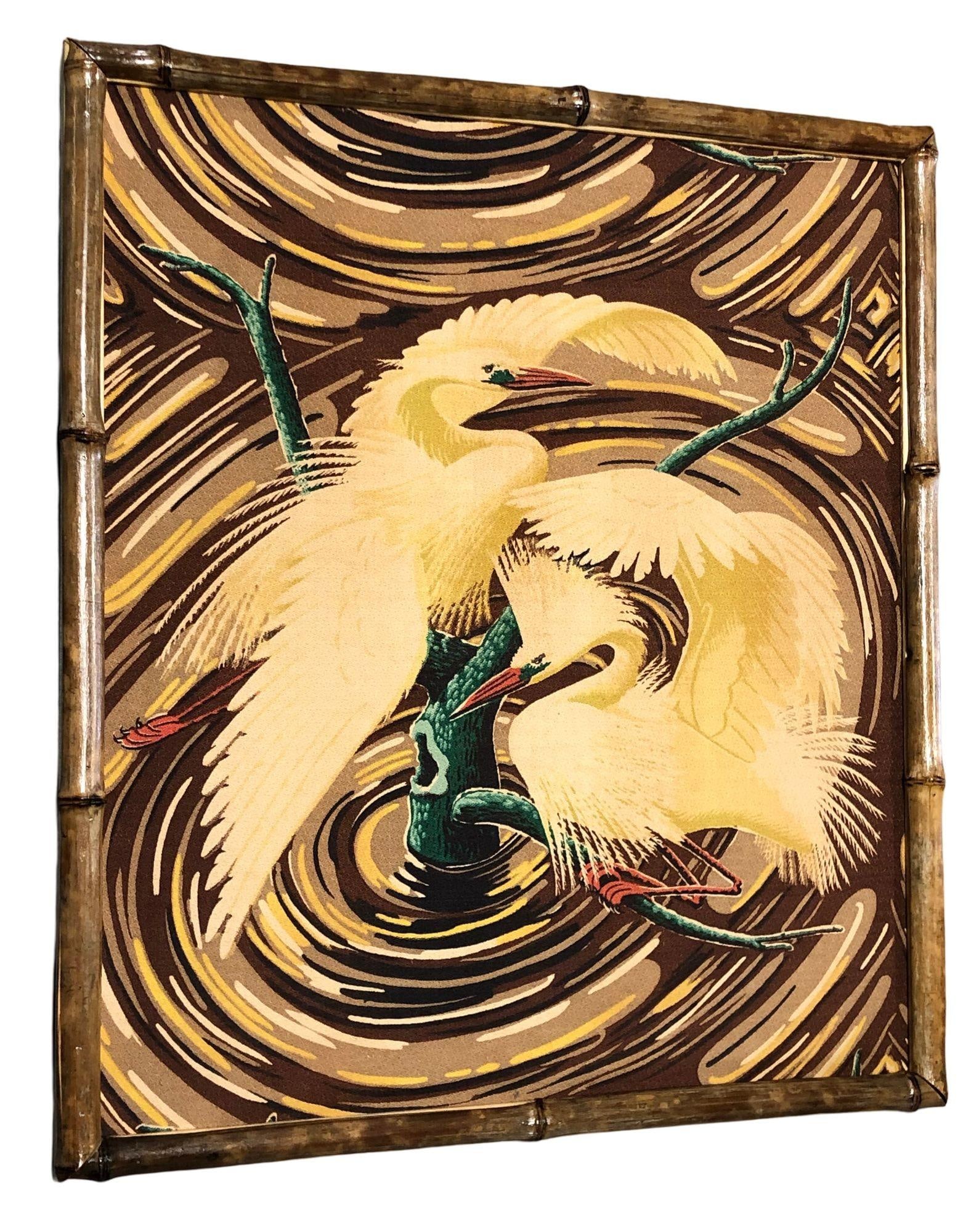 Restored 1949 Rattan Framed Square Crane Bark Cloth Fabric Sample by Spectrum - 2