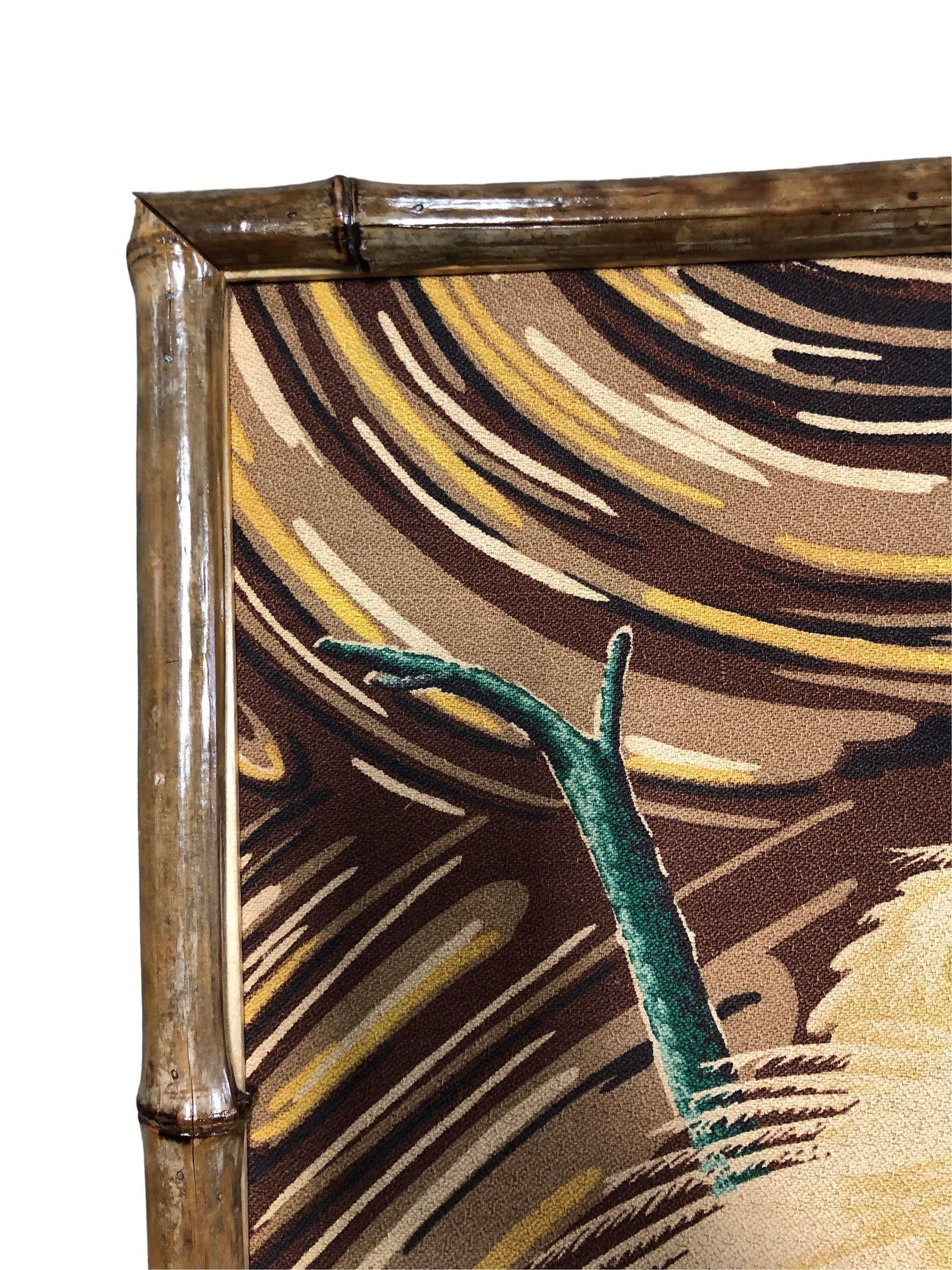 Restored 1949 Rattan Framed Square Crane Bark Cloth Fabric Sample by Spectrum - 4