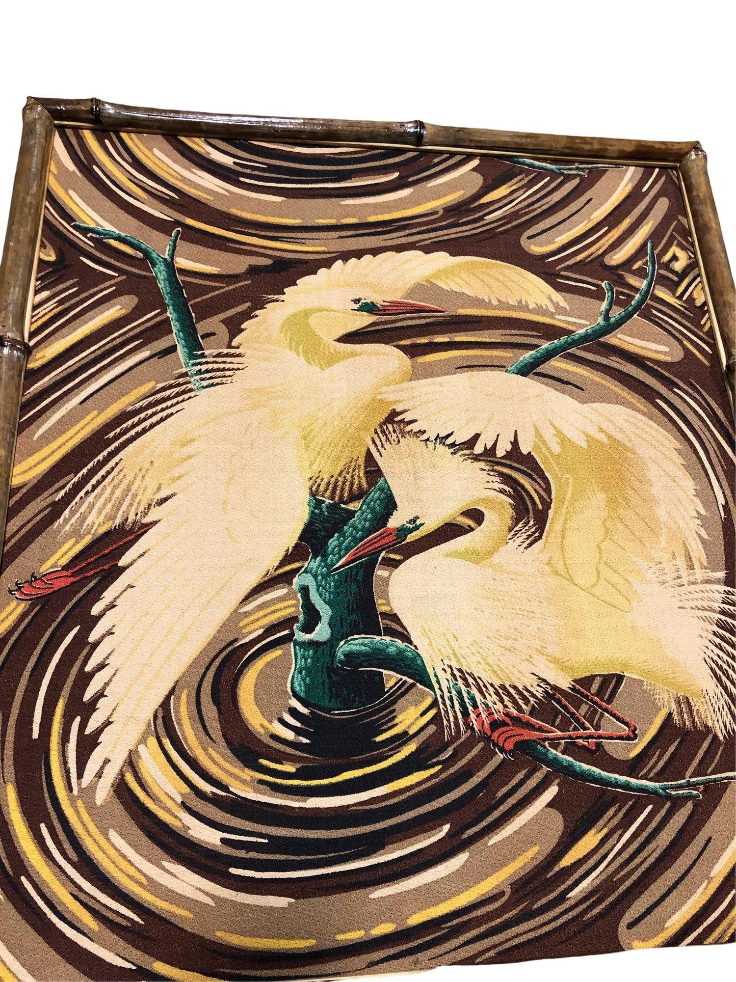 Restored 1949 Rattan Framed Square Crane Bark Cloth Fabric Sample by Spectrum - 9