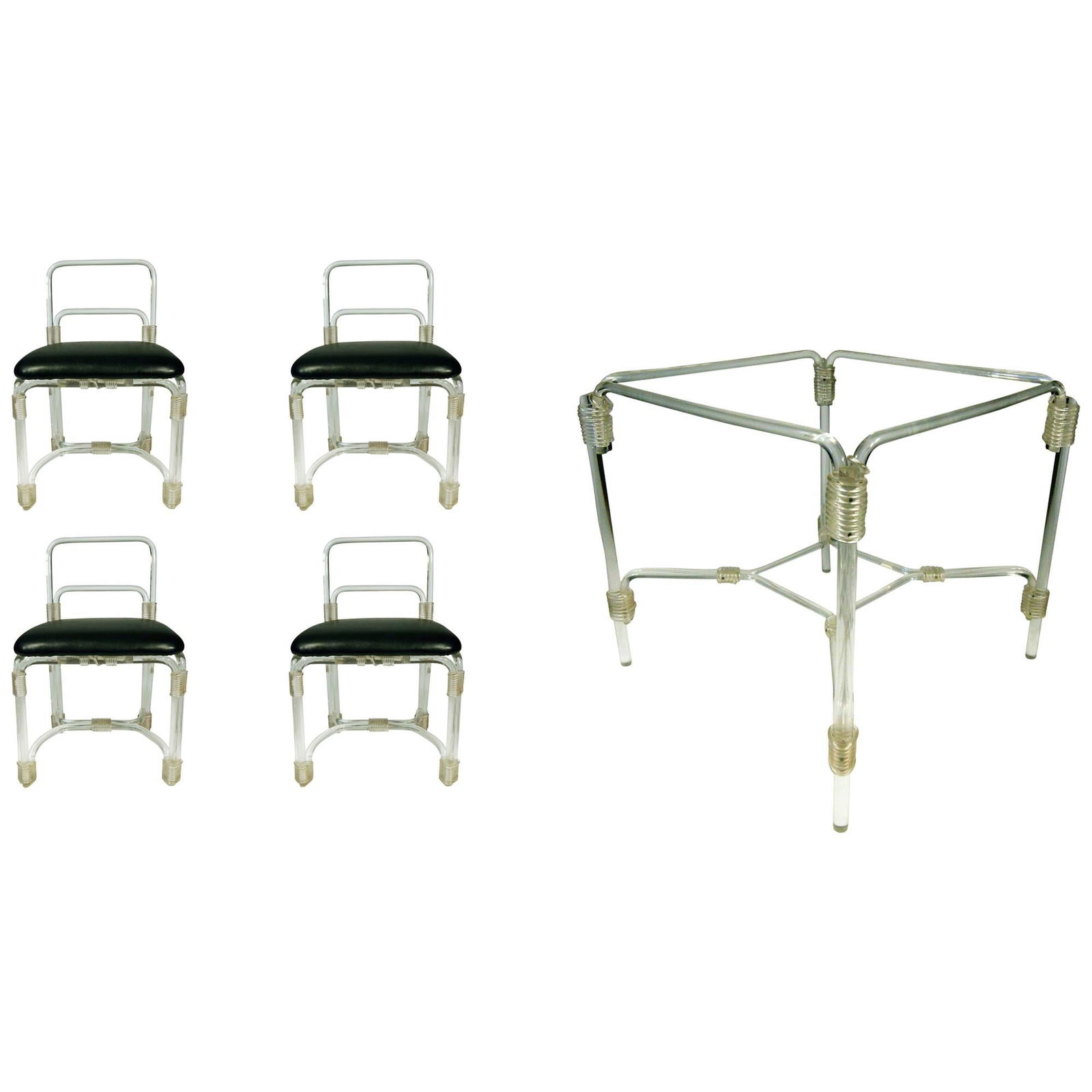 Grosfeld Lucite Dining Table with Four Chairs, circa 1940s: Title: Grosfeld Lucite Dining Table with Four Chairs, circa 1940s Description: Elegant 1940s Lucite dining table with four matching chairs by Grosfeld House. This 1940s dining set features a table fra