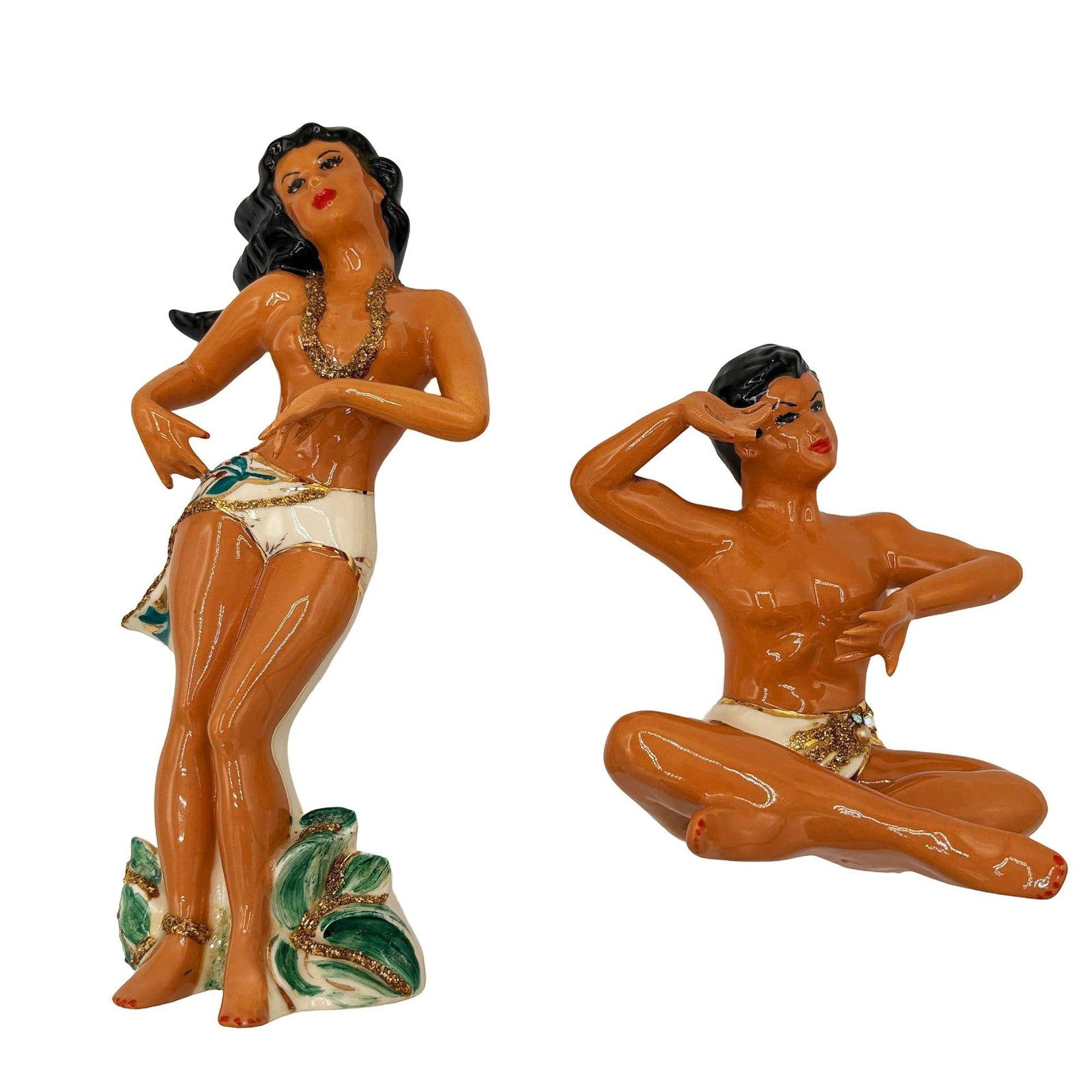 Rare 1956 Hawaiian Hula Girl & Native Male Ceramic Statue Pair by Bette - 8