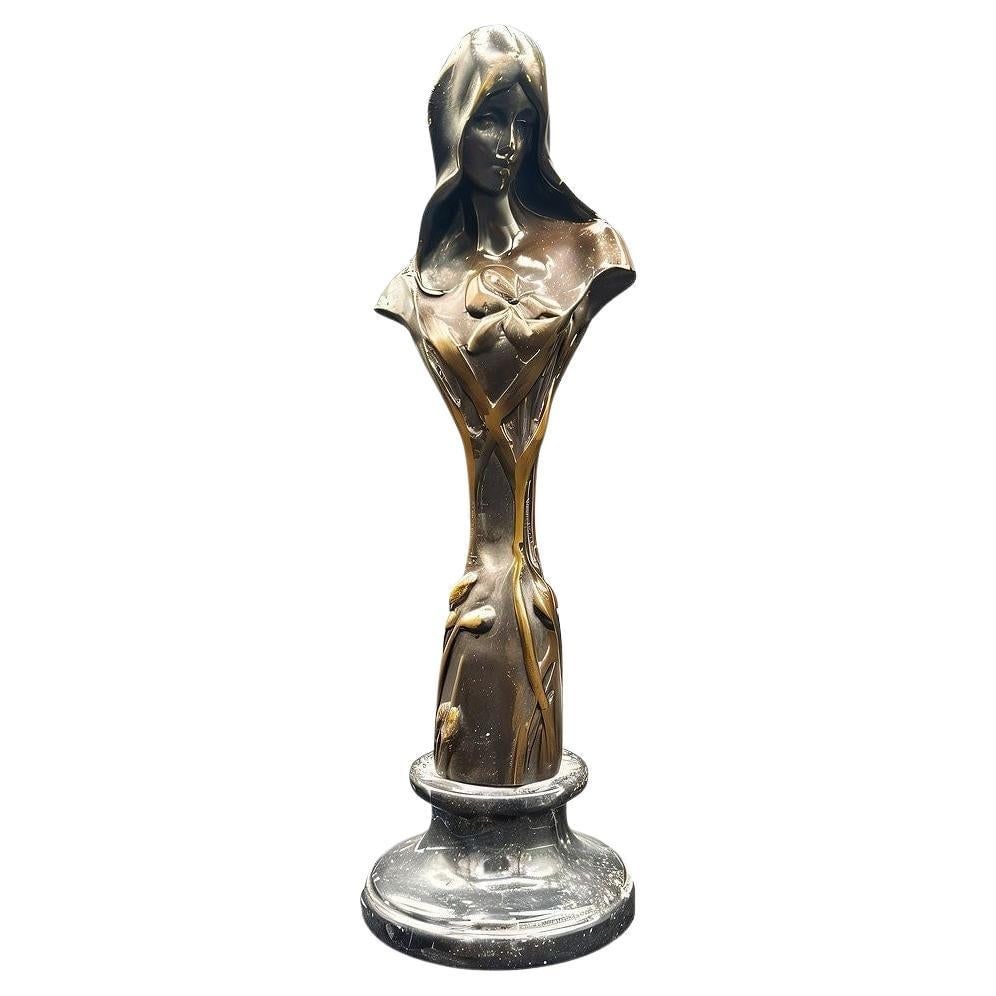 Emmanuel Villanis Style Art Nouveau French Virgin Mary Sculpture w/ Marble Base: Title: Emmanuel Villanis Style Art Nouveau French Virgin Mary Sculpture w/ Marble Base Description: A turn of the 20th century Emmanuel Villanis styled Virgin Mary bust sculpture exudes the ethereal