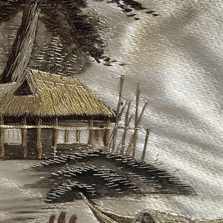 Three Chinese Silk Embroidery Tapestry Art Tropical Landscape in Rattan Frames - 12