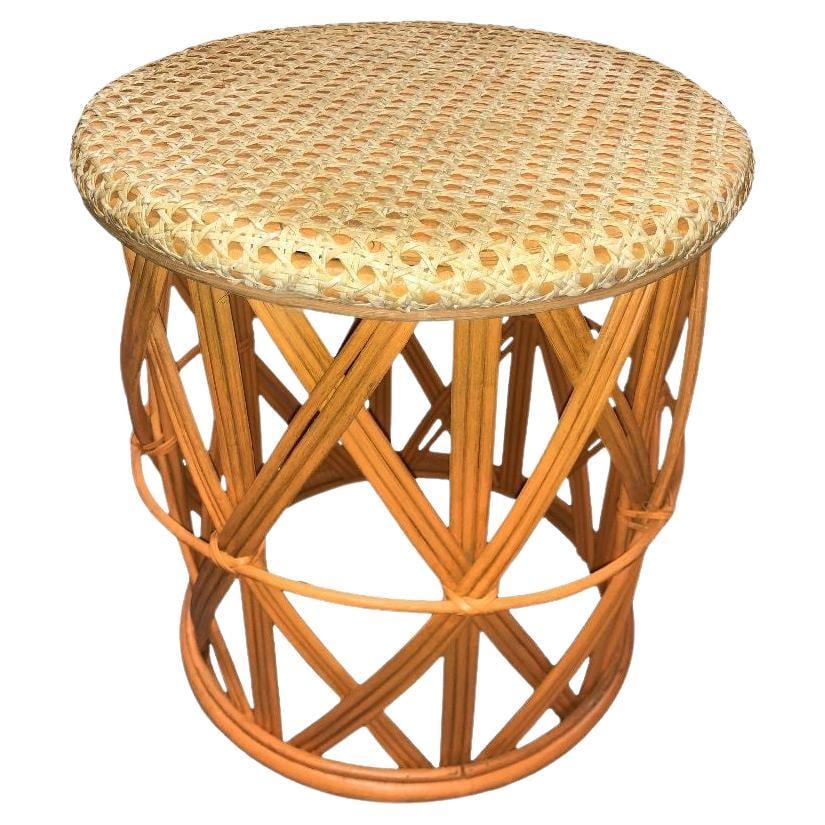 Restored Rattan Orange and Natural Cane Side Table: Title: Restored Rattan Orange and Natural Cane Side Table Description: This beautifully restored Paul Frankl-inspired rattan orange and natural cane table offers a stylish and versatile accent to any