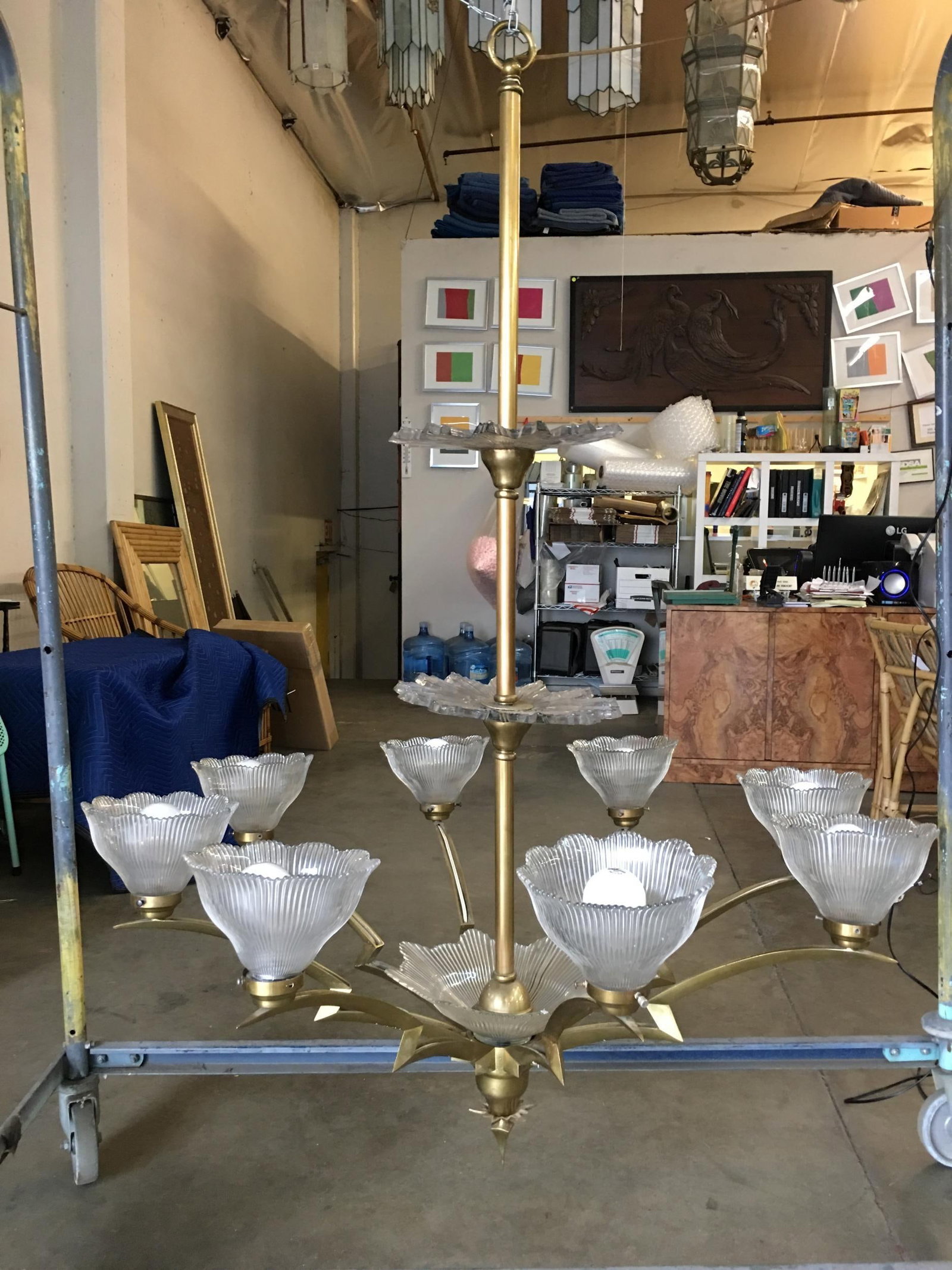 Bronze Modernist Lighting Bolt Chandelier with Holophane Glass Fixtures - 18