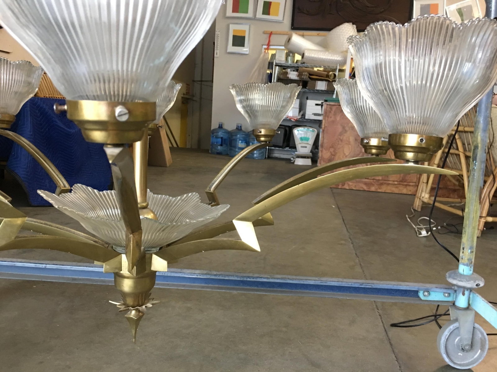 Bronze Modernist Lighting Bolt Chandelier with Holophane Glass Fixtures - 3