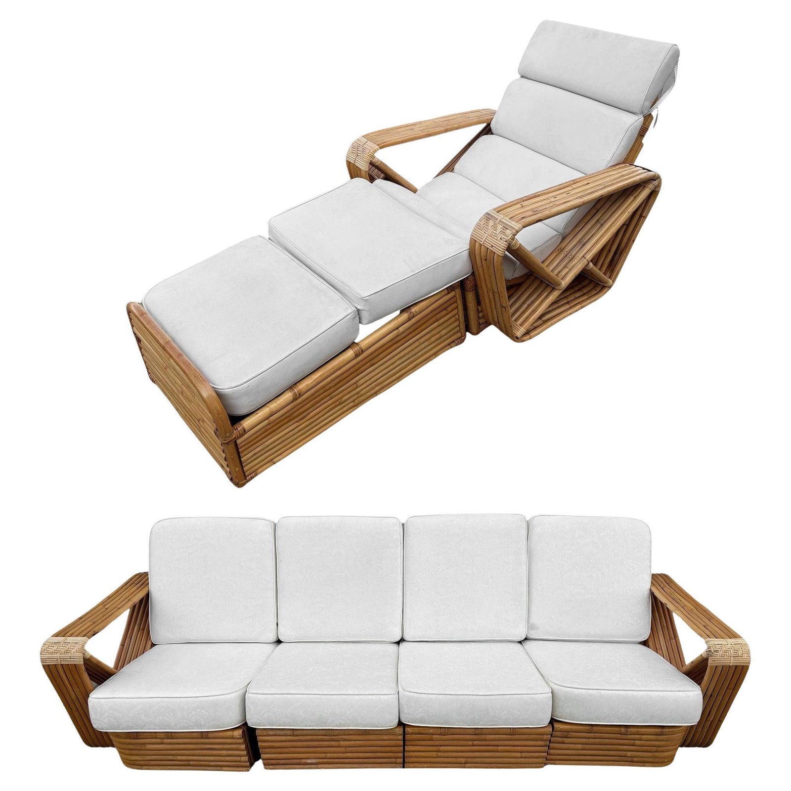 Original Rattan By Paul Frankl, Multi-Strand Sofa and Chaise Lounge: Title: Original Rattan By Paul Frankl, Multi-Strand Sofa and Chaise Lounge Description: A rare multi-strand set living room set. A museum-quality six-strand square pretzel sofa and five-strand chaise