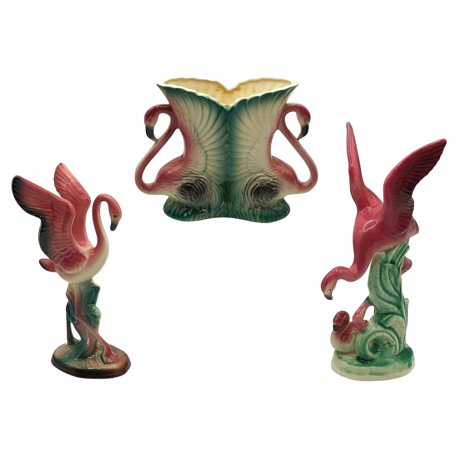 Mid-century Ceramic Flamingo Figurine & Vase Set by Maddux & Leftons: Title: Mid-century Ceramic Flamingo Figurine & Vase Set by Maddux & Leftons Description: Mid-century set of 2 pink and green flamingo ceramic figurines and decorative vase. The set features two