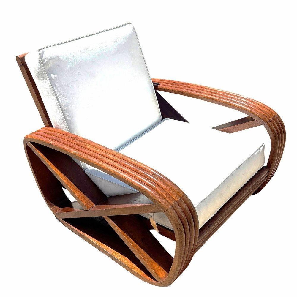 Rare 4-Strand like Carved Mahogany Square Pretzel Faux Rattan Lounge Chair, Pair - 8