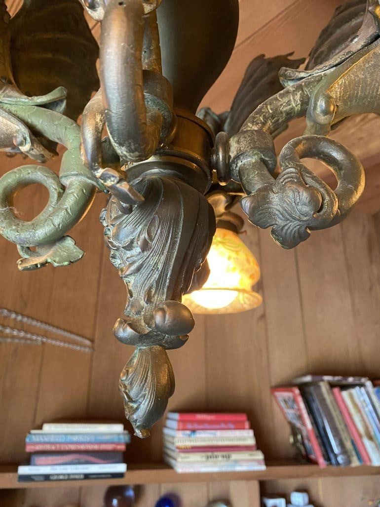 Edwardian Era Bronze Gothic Dragon Chandelier w/ Quezal Gold Iridescent Shades - 2