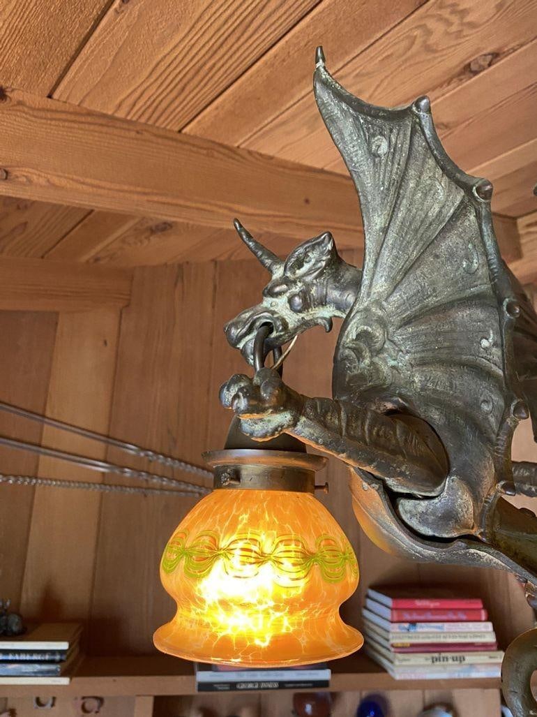 Edwardian Era Bronze Gothic Dragon Chandelier w/ Quezal Gold Iridescent Shades - 6