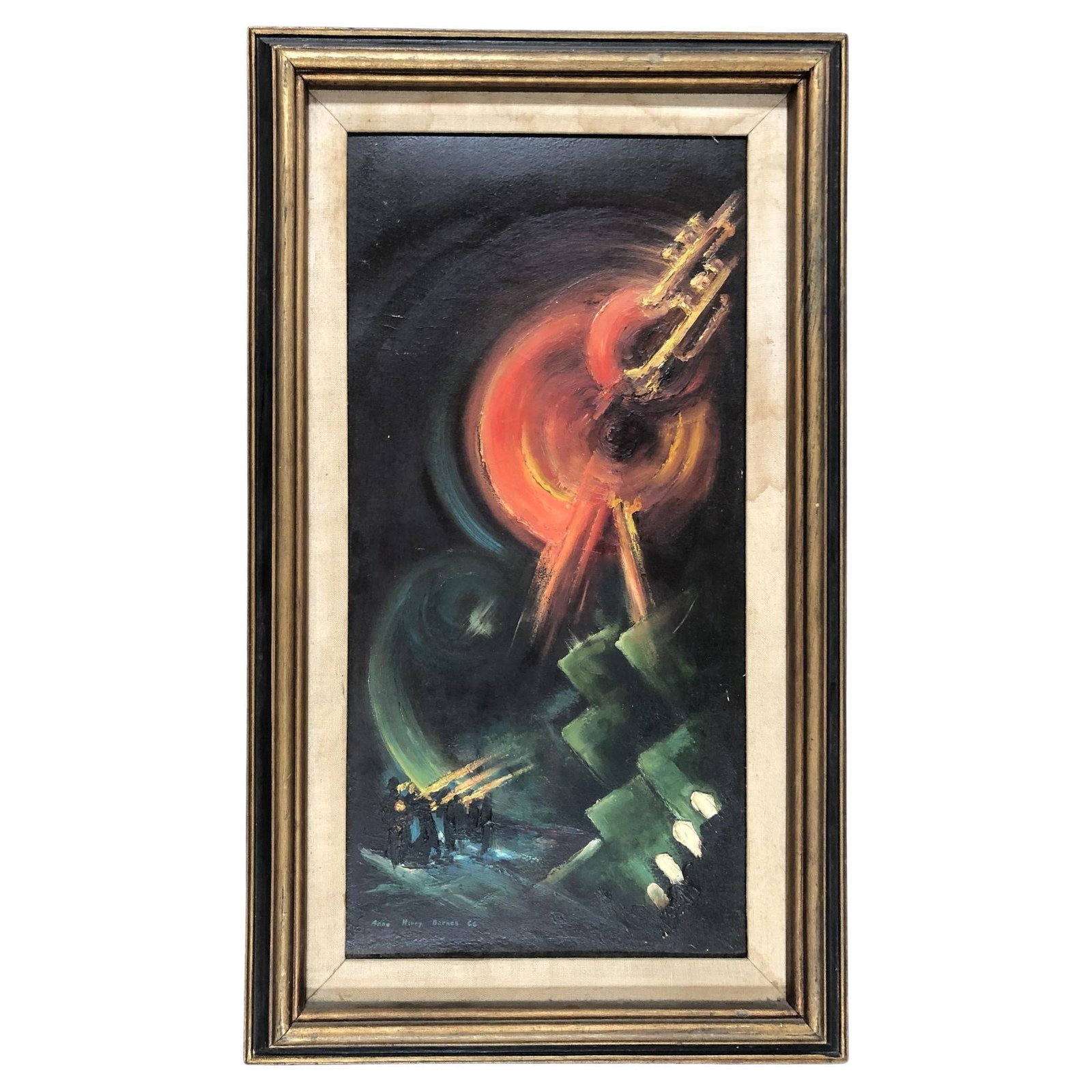 Mid Century Modern Abstract Painting by Anne H. Barnes: Title: Mid Century Modern Abstract Painting by Anne H. Barnes Description: The abstract oil painting depicts a crowd of people looking at a red figure with possible trombones making sounds. Dark and