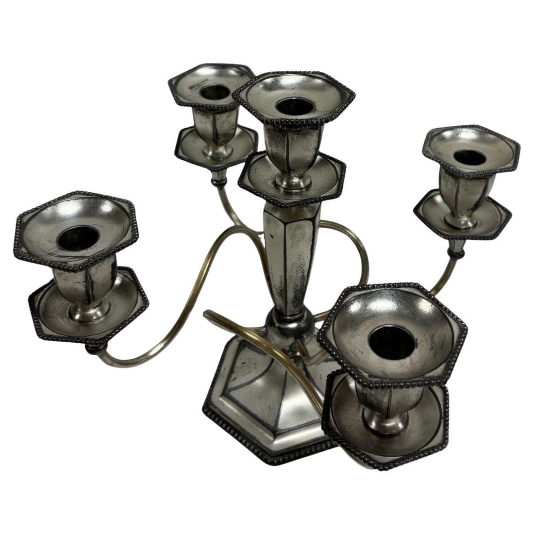 Vintage "Rogers" Silver Plated-5 arms Candelabra: Title: Vintage "Rogers" Silver Plated-5 arms Candelabra Description: Enhance your space with the timeless elegance of this vintage "Rogers" Silver Plate Candelabra set, a captivating blend of Edwardia