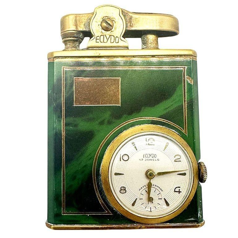 Mid Century German Green Marble German Brass Lighter w/ Watch by Eclydo - 8